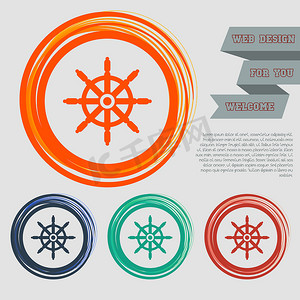 船舶方向盘图标上的红色、蓝色、绿色、橙色按钮为您的网站和设计与空间文本。