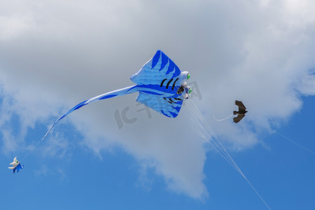 猴子玩具摄影照片_风筝在蔚蓝的天空中飞翔。