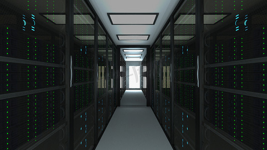 现代服务器机房内部在数据中心、网络和互联网电信技术、大数据存储和云服务概念、3D 渲染