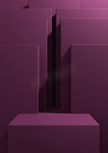几何背景紫色摄影照片_深洋红色、紫色 3D 渲染简单、最小、产品讲台的几何背景、演示背景或墙纸的展台展示模板