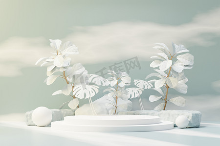 抽象基座讲台展示的 3d 渲染与热带树叶和蓝天云柔和和植物场景。