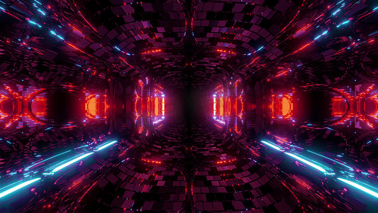 未来奇幻科幻隧道走廊电反射3D插画壁纸背景