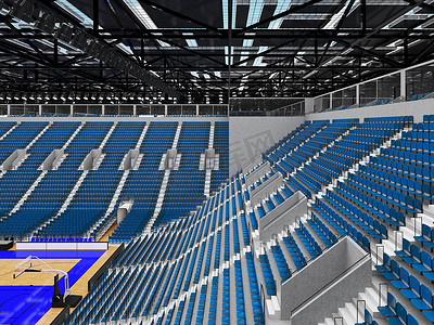 美丽的现代篮球运动场，配有蓝色座椅和 VIP 包厢