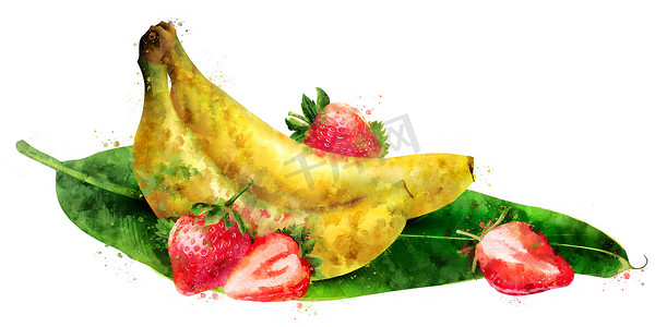 水彩画香蕉摄影照片_香蕉和草莓在白色背景。