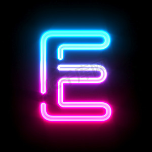 字母E摄影照片_蓝色粉红色发光霓虹灯管字体字母 E 3D