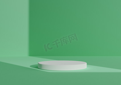 简单、最小的 3D 渲染组合与一个白色圆柱讲台或站在抽象阴影绿松石背景上，用于来自右侧的产品展示窗口灯
