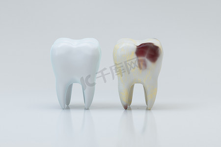 美白牙齿图标摄影照片_腐烂的牙齿旁边有白牙，3D 渲染。