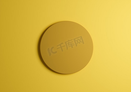深黄色圆形讲台或站立顶视图平躺产品的 3D 插图显示最小、简单的浅黄色背景，带有文本复制空间