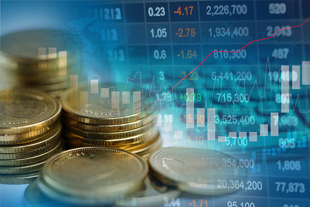 股票市场投资交易金融、硬币和图表或外汇，用于分析利润金融业务趋势数据背景。