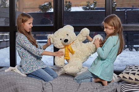 两个可爱的小姐妹争抢大玩具熊的形象