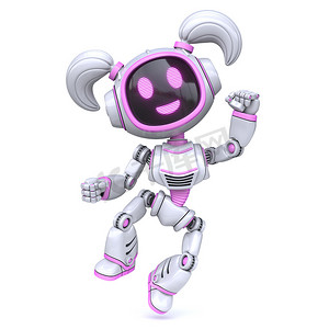 可爱的粉红色女孩机器人快乐跳跃 3D