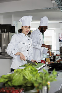 多种族食品工业工人站在餐厅专业厨房里烹饪美味佳肴。