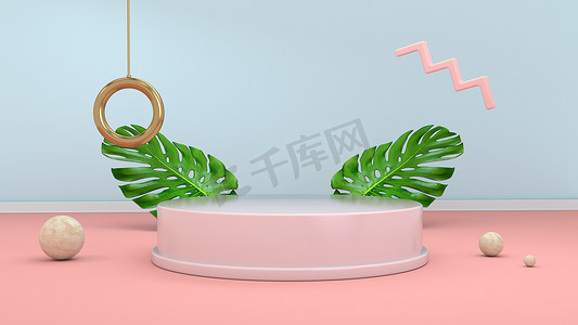 3D 渲染抽象背景，包括讲台、球体、金色元素和棕榈叶，采用最小的粉红色孟菲斯设计风格。