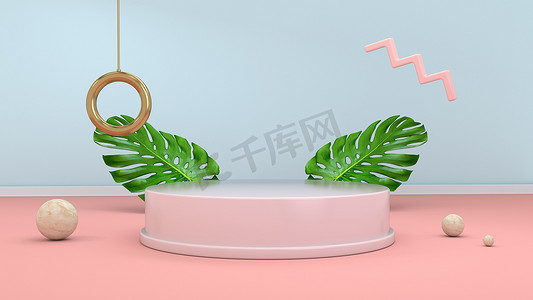 孟菲斯风格摄影照片_3D 渲染抽象背景，包括讲台、球体、金色元素和棕榈叶，采用最小的粉红色孟菲斯设计风格。