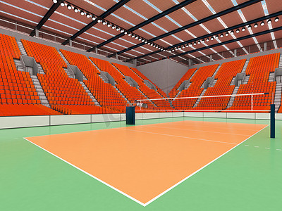 美丽的现代排球运动场，配有橙色座椅和 VIP 包厢