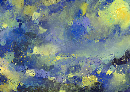 抽象艺术油画帆布绘画垃圾复杂的颜色蓝色黄色背景。
