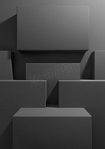 深石墨灰色、黑白 3D 渲染产品展示背景简单、最小、几何壁纸，带讲台支架，用于产品摄影或广告展示模板