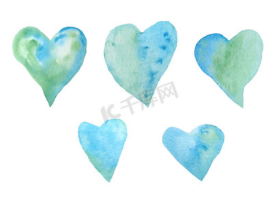 水彩手绘元素集，用于圣情人节织物包装纸的绿色蓝色绿松石心。