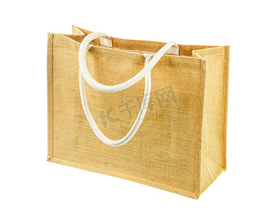 可艺术摄影照片_Hessian 或黄麻袋-可重复使用的棕色购物袋，带有在白色背景上隔离的环状手柄。