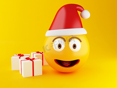表情装饰摄影照片_3d 圣诞表情符号与礼品盒。