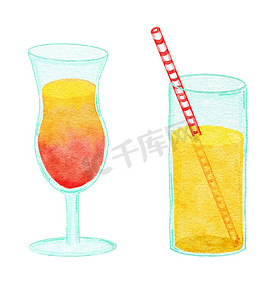 水彩手绘夏季鸡尾酒的插图，红黄色橙色的酒精饮料与草中的稻草。