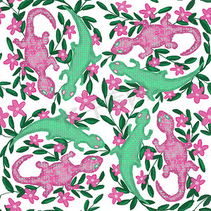 手绘无缝图案与绿色和粉红色的玫瑰壁虎蜥蜴，五颜六色的明亮两栖动物在民间民族风格与绿叶树枝和花卉花卉背景。