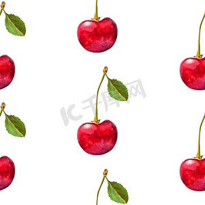 插图现实主义无缝图案浆果红樱桃与孤立的白色背景上的绿叶