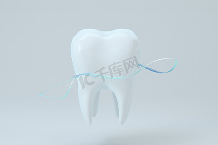 美白牙齿图标摄影照片_白色牙齿，周围有蓝色渐变颗粒，3D 渲染。