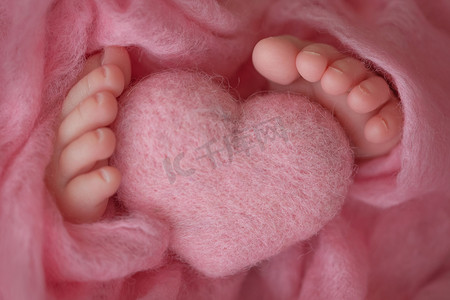 两只可爱的小婴儿脚裹在粉色针织毯子里。