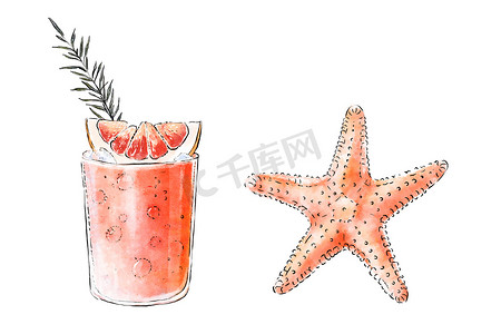 手绘水果果汁摄影照片_Colorfu 手绘插画新鲜水果和海星的美味冰沙。
