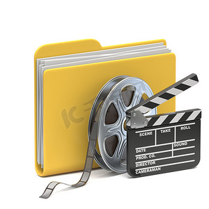 黄色文件夹图标电影卷轴和隔板 3D 渲染插图在白色背景下隔离