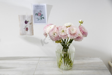 淡粉色摄影照片_浅灰色桌子上玻璃花瓶里的淡粉色和黄色波斯毛茛花束。