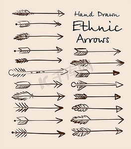 手绘羽毛箭摄影照片_一组在米色背景上手绘的民族箭头，适合您的设计。