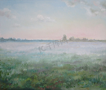 夏天油画摄影照片_俄罗斯乡村的晨雾，油画