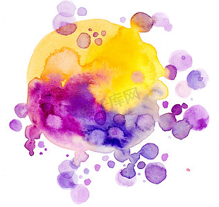 抽象水彩渐变紫色和黄色滴背景。