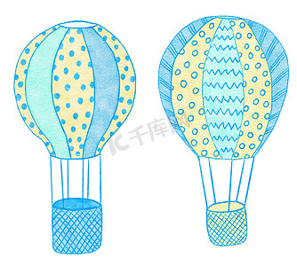 蓝色黄色可爱气球的水彩手绘插图。
