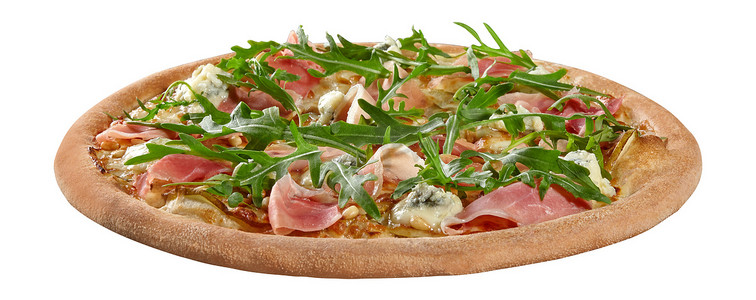 皮诺利披萨配奶酪和奶油酱、马苏里拉奶酪、火腿、戈贡佐拉干酪、梨、松子和芝麻菜