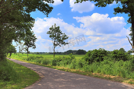 乡村道路上的美丽景色，也没有田野和树木