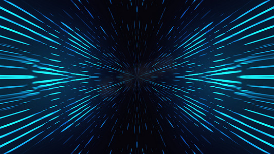 光线粒子摄影照片_来自中心的蓝色闪亮粒子在黑色背景上形成光线。