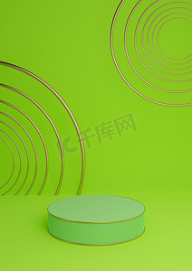 明亮的霓虹绿色 3D 渲染最小产品展示豪华圆柱台或产品背景抽象构图与金线和圆圈