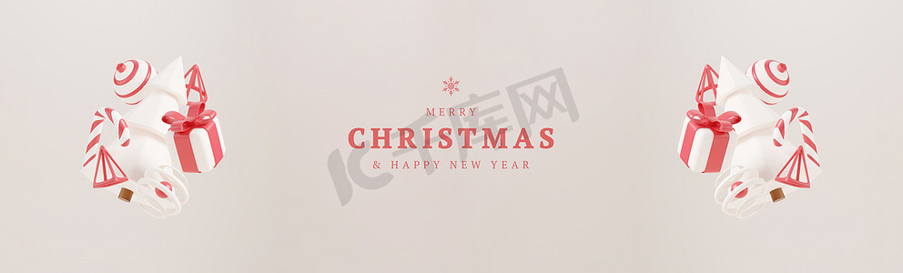 3d 圣诞树与红色礼品盒和球白色背景，圣诞海报，网页横幅。 