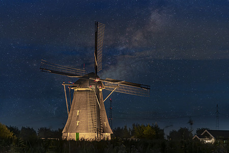 荷兰阿尔布拉瑟丹市蓝色小时日落时，雄伟的风车映衬着银河