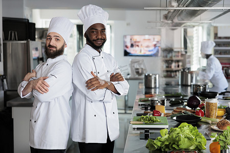 多民族男厨师站在餐厅专业厨房里，双臂交叉，准备菜肴的配料。