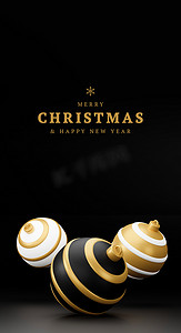 圣诞快乐和新年快乐 3d 渲染垂直插图卡与华丽的金色、黑色和银色圣诞球和装饰。