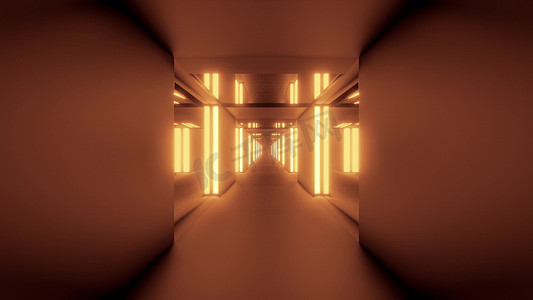 干净的金色隧道走廊，玻璃窗 3D 插画背景壁纸设计