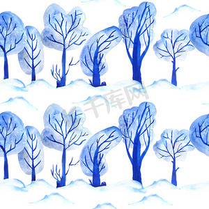 手绘树木树木背景摄影照片_水彩手绘无缝图案与电蓝色简单极简斯堪的纳维亚风格的树木和雪。