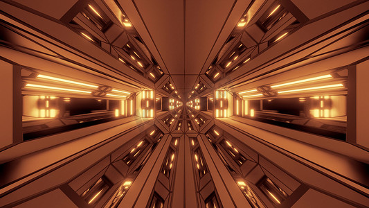 年货插画摄影照片_未来派科幻奇幻空间机库隧道走廊与发光灯 3D 插画壁纸背景