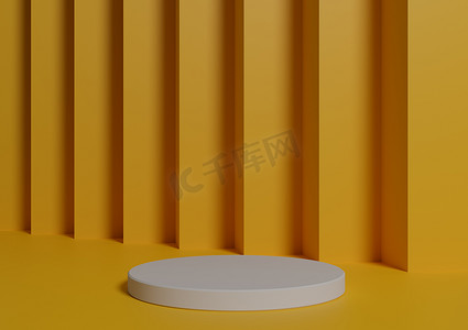 简单、最小的 3D 渲染组合与一个白色圆柱讲台或站在抽象亮橙色、暖黄色背景上用于产品展示