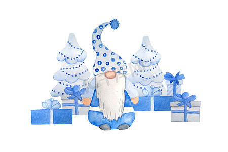 圣诞北欧斯堪的纳维亚侏儒礼物的水彩手绘插图。