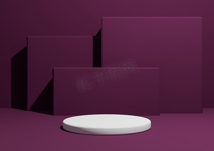 红色的展示台摄影照片_深洋红色、紫色、3D 渲染简单、最小的产品展示组合背景，背景中有一个讲台或展台和几何方形。